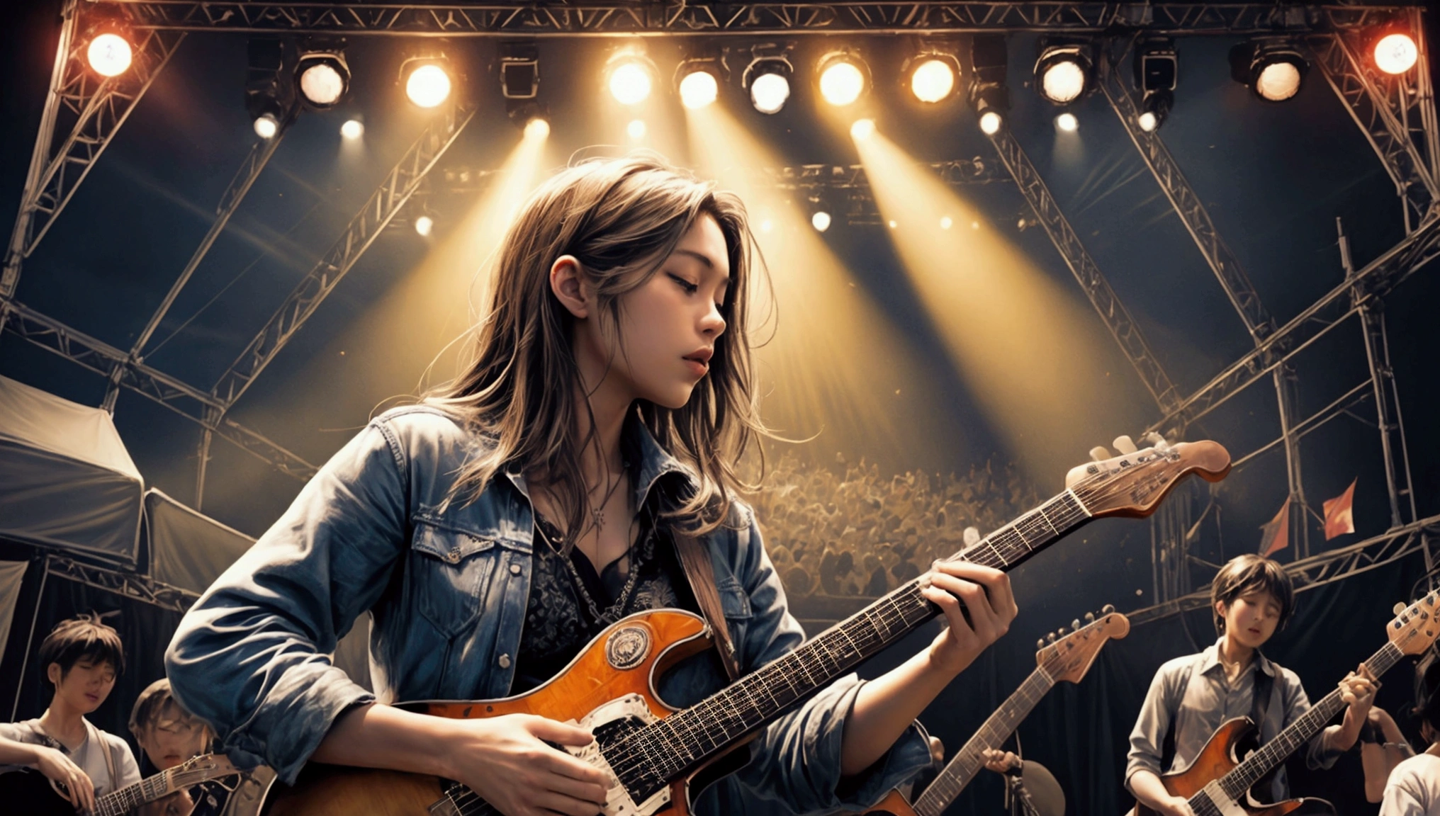 Draw a music festival poster,Playing blues guitar,Musical note elements