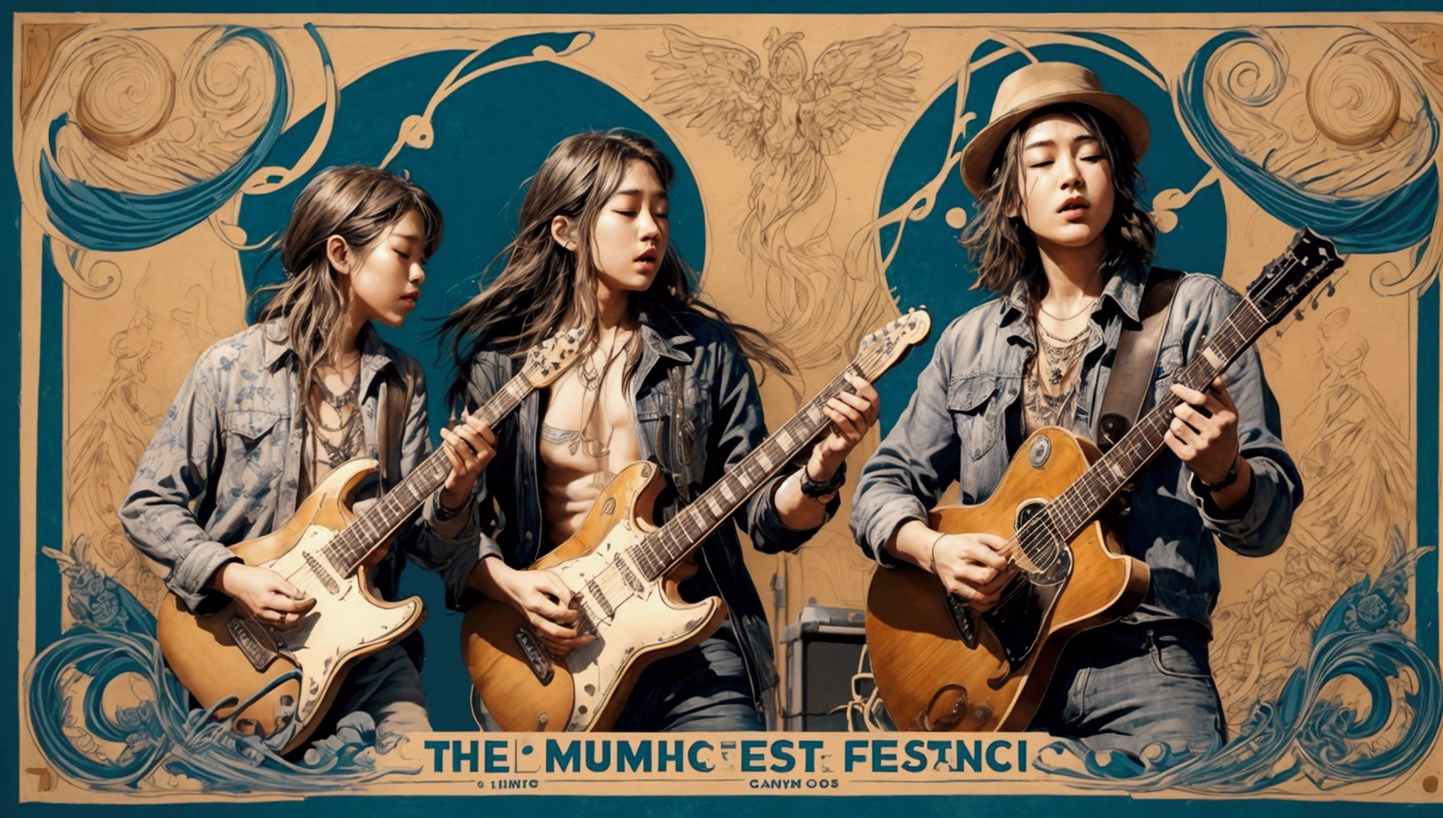 Draw a music festival poster,Playing blues guitar,Musical note elements