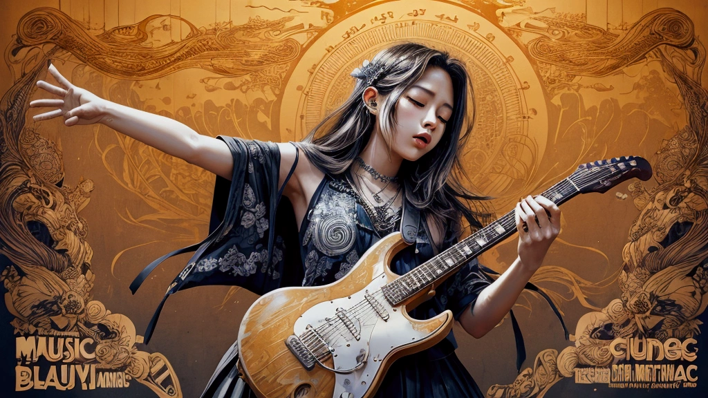Draw a music festival poster，Playing blues guitar，Musical note elements