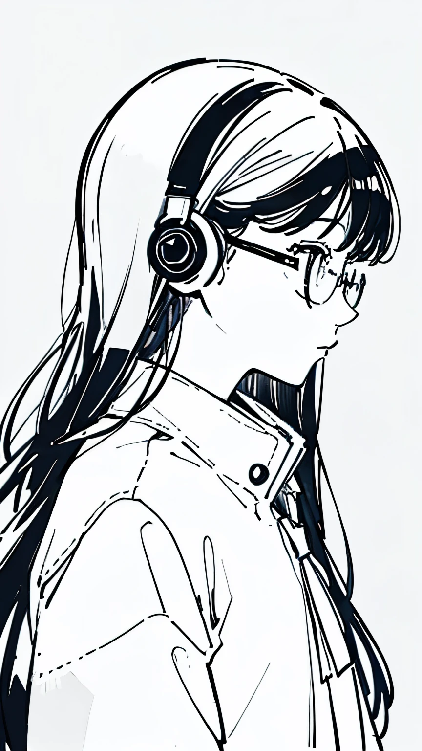 ((Highest quality)), ((masterpiece)), (detailed)One Girl, profile,Long Hair,Black Hair,Black-rimmed glasses,Line art,Black and white illustration,Illustration for icons,2d,Headphones are hanging around your neck,
