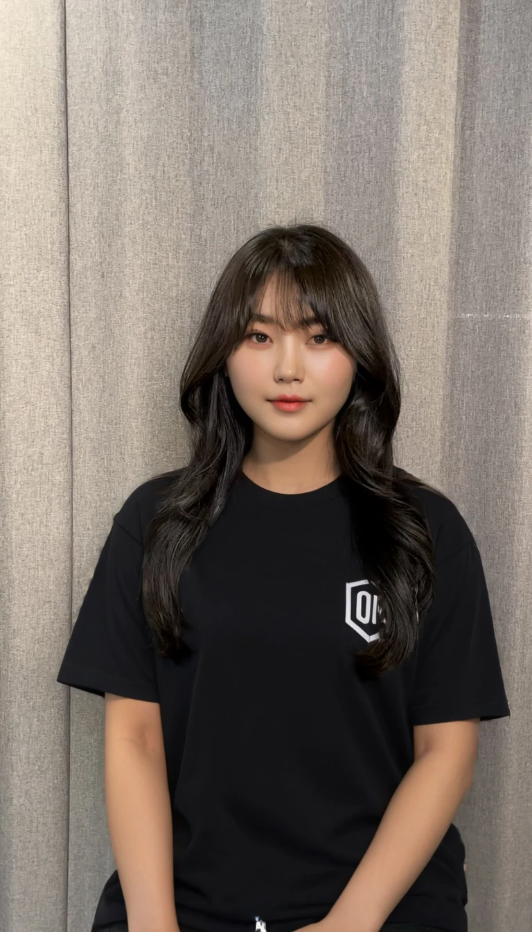Best Quality, 8k, Masterpiece, (Portrait: 1.3), (photo realistic:1.4), (hyper realistic:1.4), Sharp Focus, looking at viewer, (smoother lighting:1.1), (increase cinematic lighting quality:0.9), realistic lighting, backlighting, light on face, ray trace, (brightening light:1.2), (Increase quality:1.4), sharp detail, (best quality real texture skin:1.4), finely detailed eyes, black_eyes, finely detailed face, 25 year old Korean woman, (white t-shirt:1.4), (Create an image maintaining the original base model hairstyle:1.5)