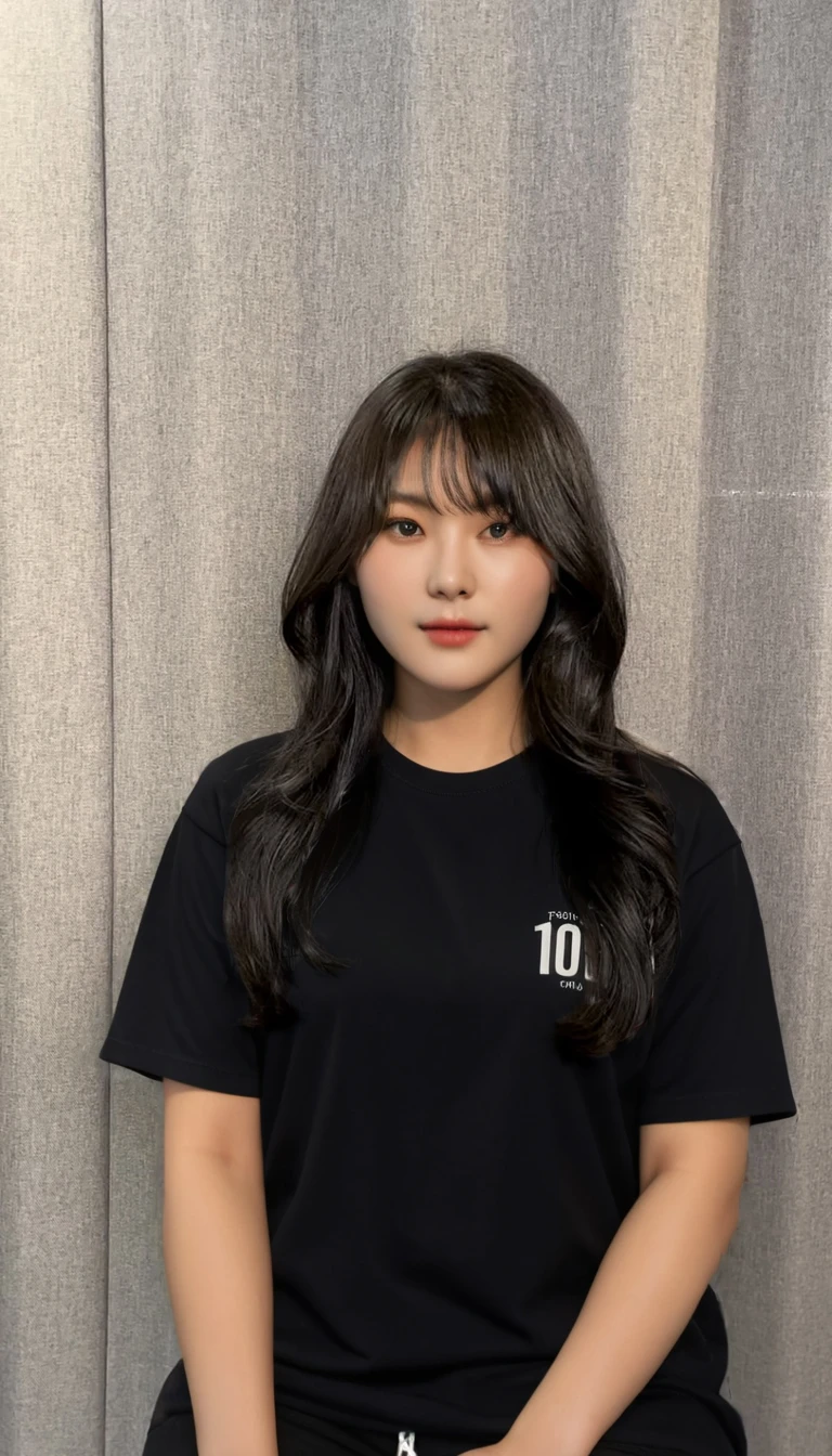 Best Quality, 8k, Masterpiece, (Portrait: 1.3), (photo realistic:1.4), (hyper realistic:1.4), Sharp Focus, looking at viewer, (smoother lighting:1.1), (increase cinematic lighting quality:0.9), realistic lighting, backlighting, light on face, ray trace, (brightening light:1.2), (Increase quality:1.4), sharp detail, (best quality real texture skin:1.4), finely detailed eyes, black_eyes, finely detailed face, 25 year old Korean woman, (white t-shirt:1.4), (Create an image maintaining the original base model hairstyle:1.5)