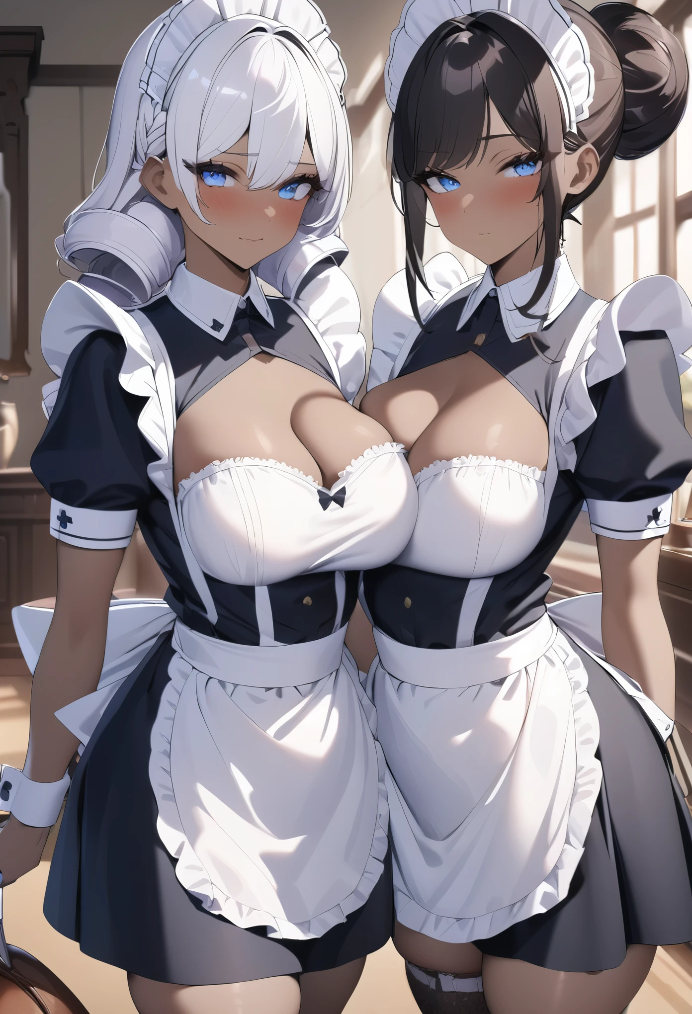 Twin maids, Wheat-colored skin, White short hair, Blue Eyes, Stand side by side, charming, Maid costume, Maid headdress, European style room, UHD, anatomically correct, textured skin, high quality, highres, masterpiece