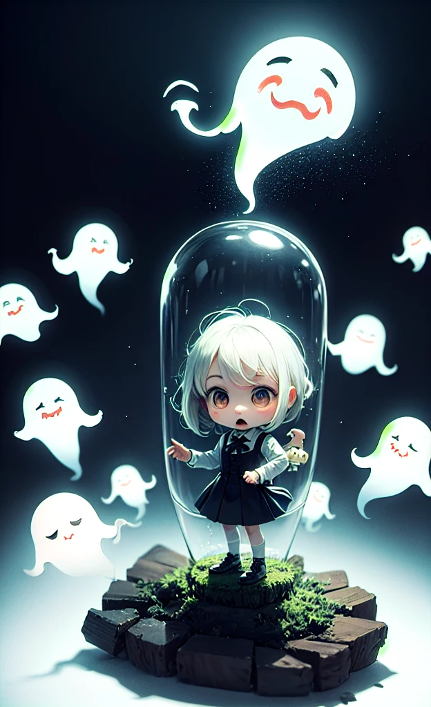 masterpiece, Highest quality, Explore a haunted theme park, haunted by cute chibi ghosts, cute, Whimsical, Shine, Shineing, fun, Stupid, Mysterious, Magic, Mysterious, funny, interesting、Only ghosts