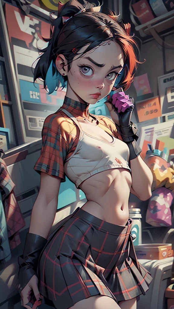 Harley Quinn, plaid skirt lift, (nsfw:0.55), ((flat chested, flat stomach, baby face)), (intense colors)