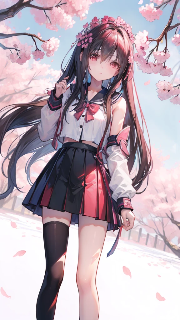 masterpiece, best quality, full body, 1girl, bangs, black choker, black necktie, black hair, blue skirt, blush, bracelet, breasts, choker, clothes around waist, collarbone, collared shirt, cowboy shot, dress shirt, ear piercing, eyebrows visible through hair, gradient hair, grin, gyaru, jewelry, kogal, long hair, looking at viewer, loose necktie, necktie, piercing, plaid, plaid skirt, pleated skirt, red eyes, ring, school uniform, shirt, skirt, smile, solo, white shirt, street, sky, cherry blossoms, petals,illustration, (magazine:1.3), (cover-style:1.3), fashionable, woman, vibrant, outfit, posing, front, colorful, dynamic, background, elements, confident, expression, holding, statement, accessory, majestic, coiled, around, touch, scene, text, cover, bold, attention-grabbing, title, stylish, font, catchy, headline, larger, striking, modern, trendy, focus, fashion,