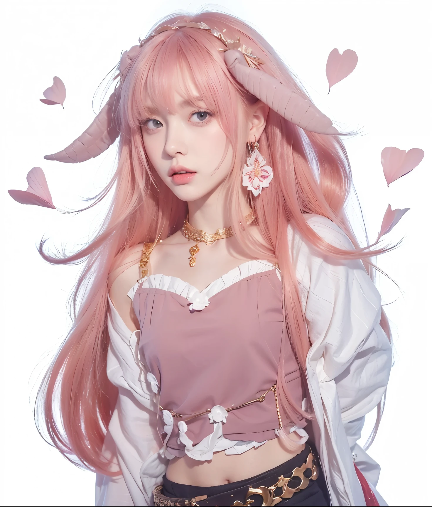 1. **hair**:
- Color: pink.
- Length: shoulder length.
- Form: hairstyle with straight hair, slightly wavy at the ends, with short straight bangs.
2. **Head and face**:
- Oval shaped face.
- Eyes are big, with purple irises.
- Facial expression is calm and confident.
3. **cloth**:
- Main part: white dress with high collar.
- Details: the dress is decorated with red and gold elements, with flower patterns.
- Sleeves: wide, long, with red trim and white patterns.
- Belt: decorated with gold and purple elements.
- The bottom of the dress is divided into two parts at the front, revealing red shorts.
4. **accessories**:
- Gold jewelry on the head, like horns or wings.
- Drop earrings with gold and red elements.
- On foot: Platform sandals, with white straps and gold jewelry.
5. **General style**:
- cloth и аксессуары имеют традиционный восточный стиль, Maybe, with elements of Japanese culture.
The girl looks elegant and sophisticated, with a distinctly aristocratic style.