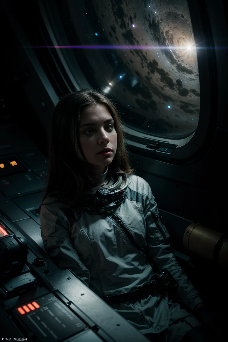 (Very dark flash photography:1) Upper body shot of a girl floating in a dark space station at night, Black background, It's dim, Backlight, Soft lighting, Thin fabric dress, No sleeve, Simple white dress, Shortcuts, Short Bob, C cup breasts,