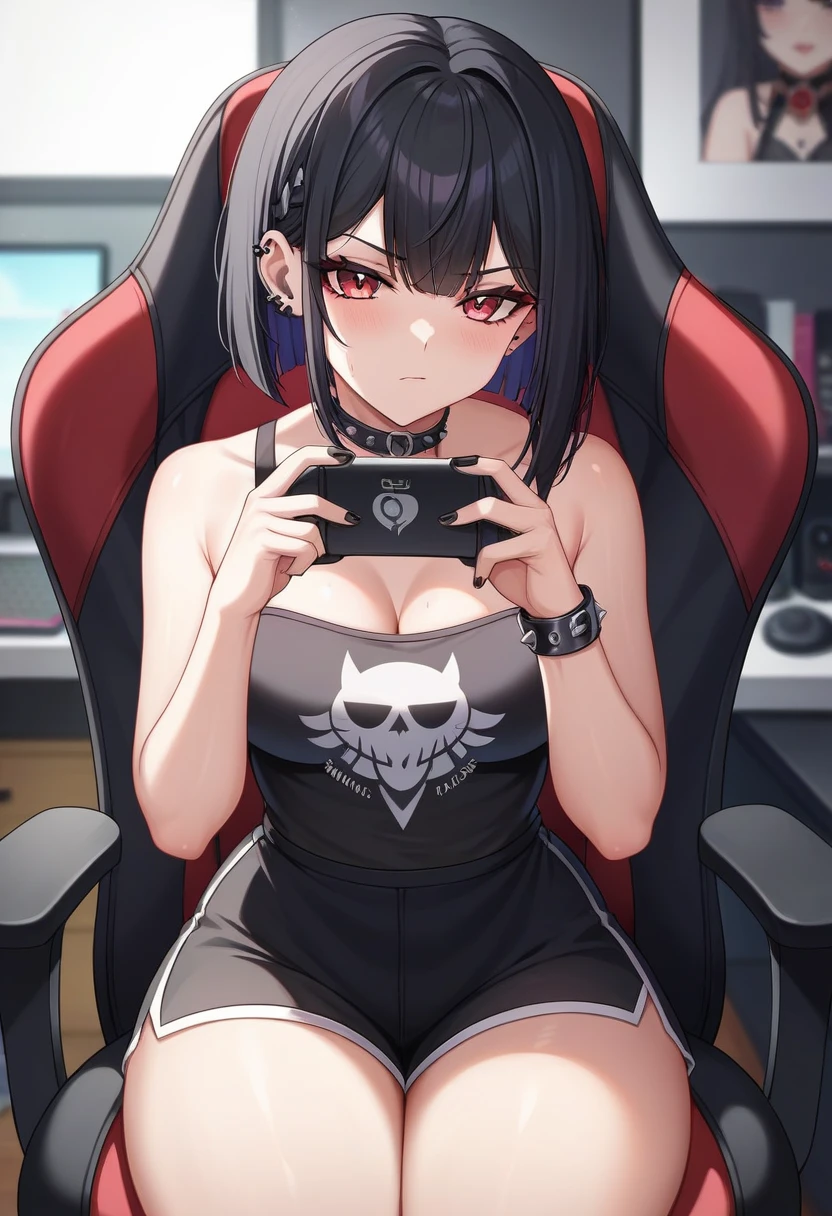 Adult, Female, Black hair, goth girl, gothic aesthetic, goth clothing, goth make up, thick thighs, medium chest, annoyed, disgruntled, sitting in gaming chair, gt racing chair, chair, bedroom, gothic bedroom, aesthetic bedroom, Masterpiece, Accurate, Anatomically Correct, Best Quality, High Details, Detail, Super Detailed, Best detail, Perfect detail, Amazing detail, [-3, 3], perfect hands, best hands, best fingers, perfect fingers, perfect body, best body, amazing body, Looking at viewer, Close-Up, 