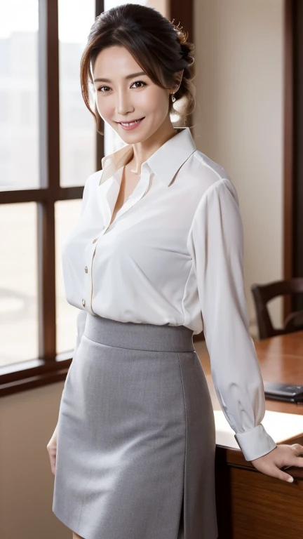 Full Body Shot，，40 years old，Mature Woman,detailedな目，Wrinkles around the eyes，A kind smile,,(masterpiece:1.3, Highest quality), 複雑なdetailed, Written boundary depth，detailed, (Elegant Good 1.２)（White blouse with collar)，(Grey tight skirt)、8k,Highest quality, masterpiece, Ultra-high resolution,, (Updo)、Office desk、Internal Floor、Bright afternoon sunshine、A gentle smile、A gaze that seduces viewers、