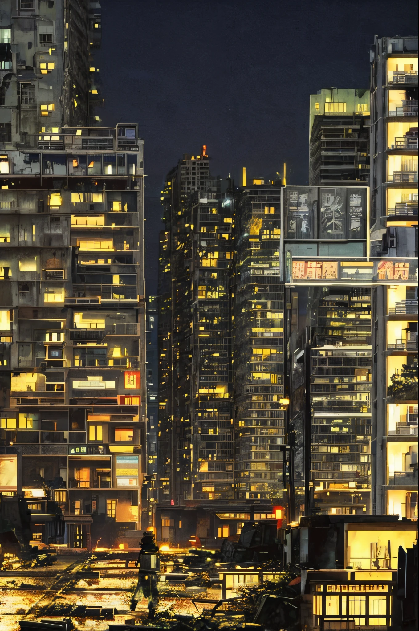 Night Scenery、 in a dark and Destroyed city, With a touch of lighting, Anime scenery, Decayed City, poorly lit, walking in the city, Destroyed city