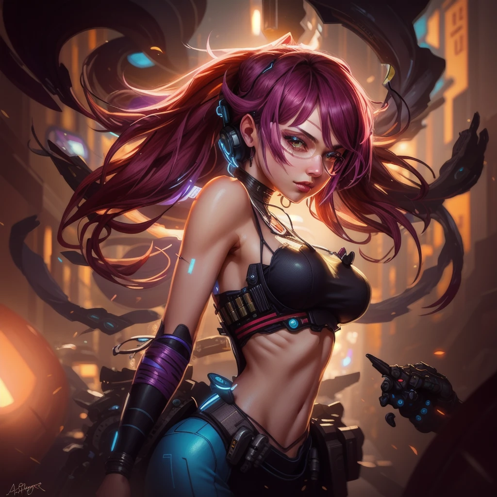 Masterpiece, Best Quality, Girls, Slender, Red Eyes, Hair Color, Iridescent, Long Hair Spreading, White Skin, Medium, Cute, Sexy, Near Future, Bikini, Exposed Skin, Night, Psychedelic, Trip, Extreme Color, Paisley Theme, Open Legs, Mechanical Left Arm, Full Body
