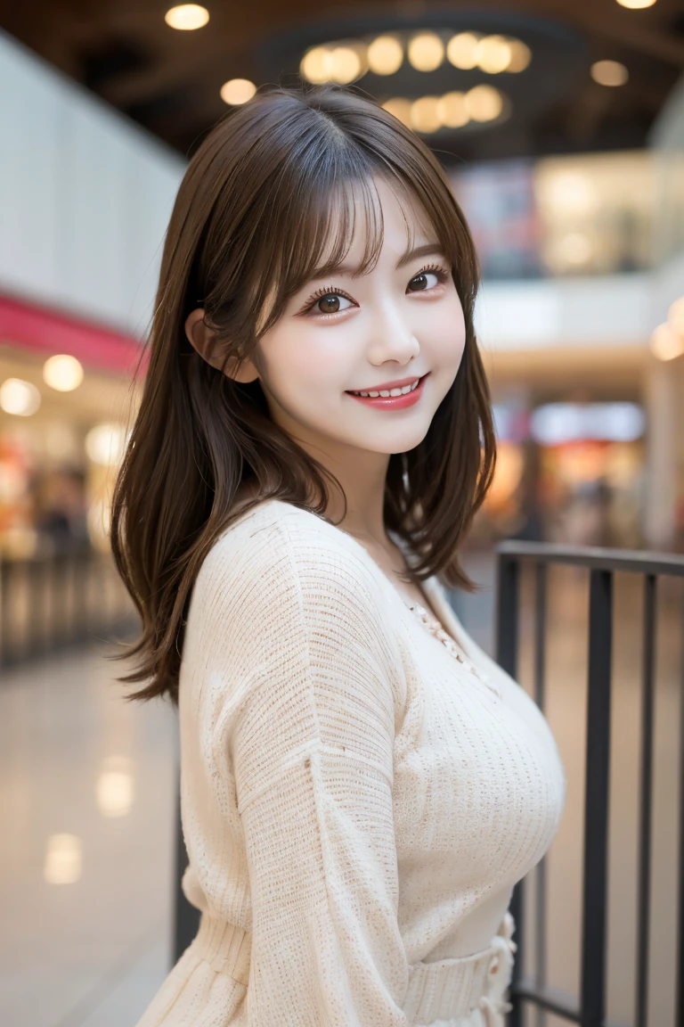 Shopping mall , Highest quality, shape, Very detailed, In detail, High resolution, 8k wallpaper, Perfect dynamic composition, Beautiful details, Natural Lip, Too cute outfit, Big Breasts, , She is smiling in a cute pose.., A masterpiece of the whole body, Side Short