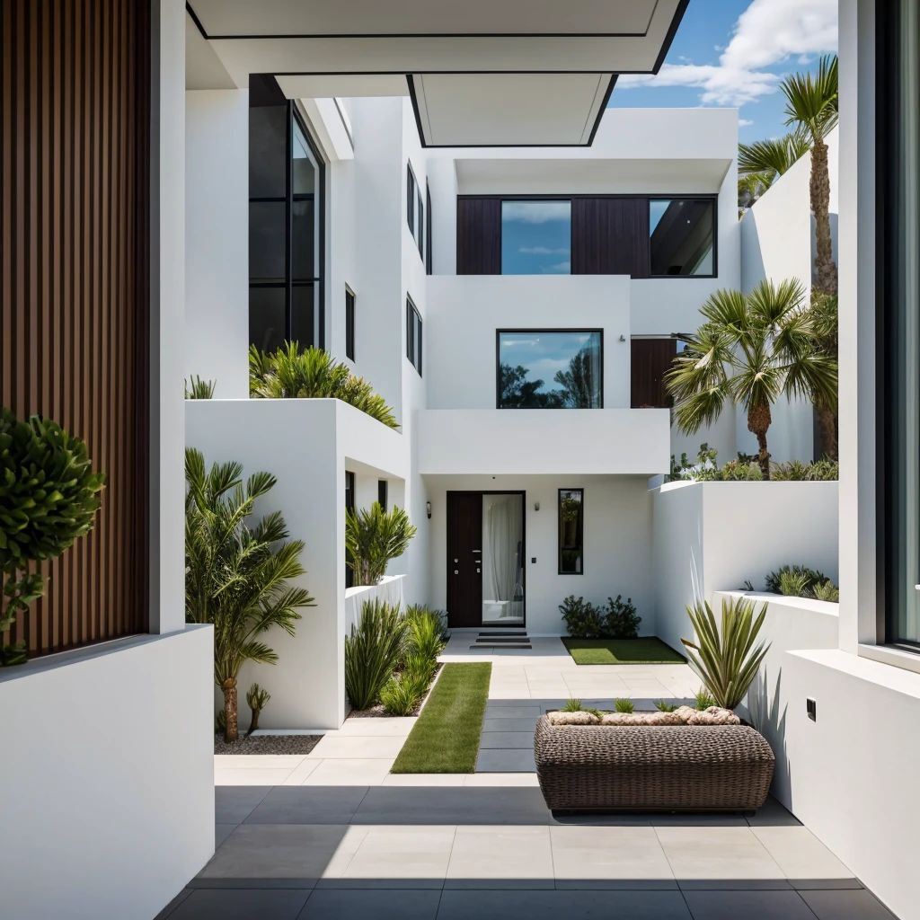 realistic photography. natural light. architectural Digest magazine quality photo. houzz photo. beautiful exterior looking into a front door. Ultra modern , curvy, luxury, ultra modern, plush home. flat roof, marbella, popular exterior home style. Scandinavian.  entrance that has a curved wall which encompasses small front yard. white stucco. peaceful potted plants at entrance. sunny day.