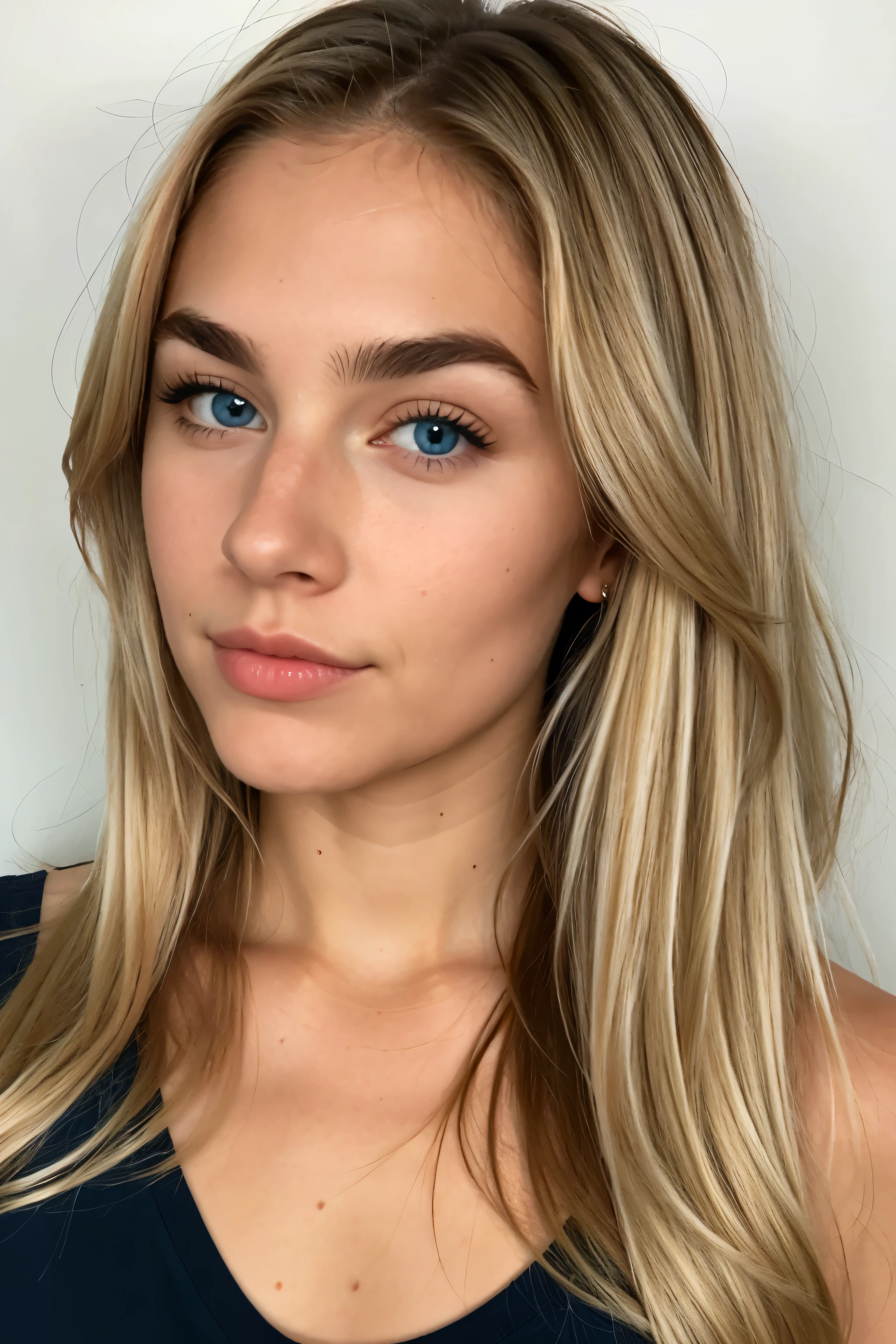woman 23 years old caucasian blue eyes long blond hair tan line curved round eyebrows shape