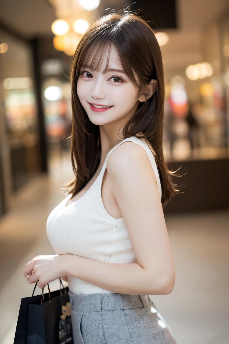 Shopping mall , Highest quality, shape, Very detailed, In detail, High resolution, 8k wallpaper, Perfect dynamic composition, Beautiful details,  Natural Lip, Too cute outfit, Big Breasts, , She is smiling in a cute pose.., A masterpiece of the whole body, Side Short