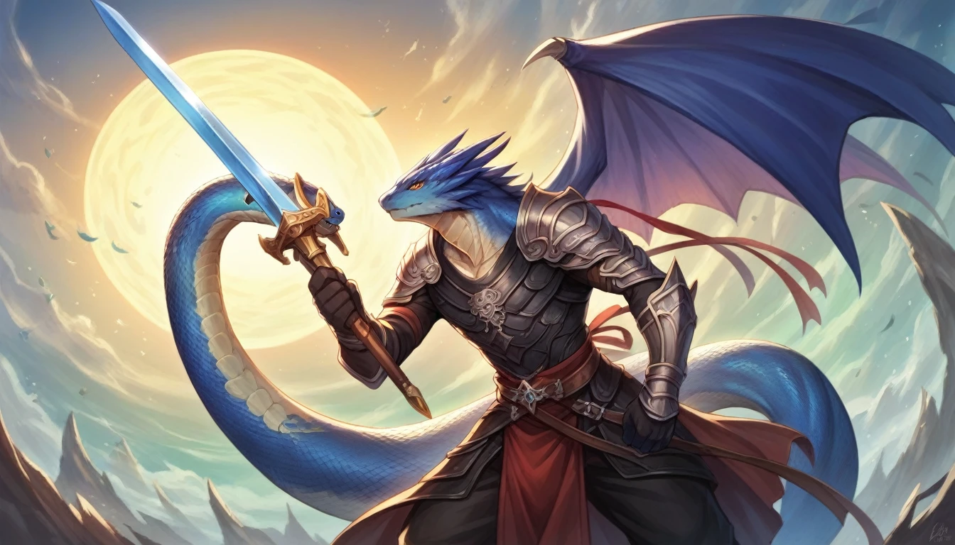 a man standing in front of a giant snake with a sword, detailed 2D fantasy digital art, 2D fantasy digital art, epic fantasy art style, detailed game art illustration, anime fantasy illustration, blue scaled dragon, epic video game art, Epic fantasy digital art style, trends on artstation pixiv, epic fantasy style art, detailed anime digital art