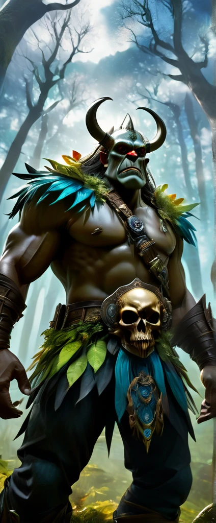 up close:1.3, (Masterpiece artwork:1.5),(best qualityer:1.6), (ultra high resolution:1.4), 1 strong and robust male ogre, dynamic pose, with shoulder pads and leather bones, large, sharp fangs, leather belt with skull , g-string, detailed illustration, intrikate, idyllic, magical elves in the forest:1.5, paisaje, cores Vibrants, dawn, rayos de sol pasando a través de los trees, folhas caindo das trees, dew on leaves and plants, clouds, (( magical, comely, de outro mundo, trees:1.4 )), (( best qualityer, Vibrant, 32k, clear and well-defined shadows)).(best qualityer,4K,8K,high resolution,Masterpiece artwork:1.2),ultra detaild,(realisitic,fotorrealisitic,photo-realisitic:1.37),very highly detailed face,extremely detailed facial features,textura de pele hiper-realisitic,extremely fine details,detalhes intrikates,detailedeyes,detailed nose,Detailed lips,Detailed facial expressions,complex facial anatomy,intense lighting,dramatic lighting,Lighting change,cinematic lighting,chiaroscuro lighting,dramatic shadows,Dramatic moments,bright coloured,intense colors,deep contrast,Cinematic depth of field,film composition,Cinematic Camera Angle, flute being played in the middle of the image