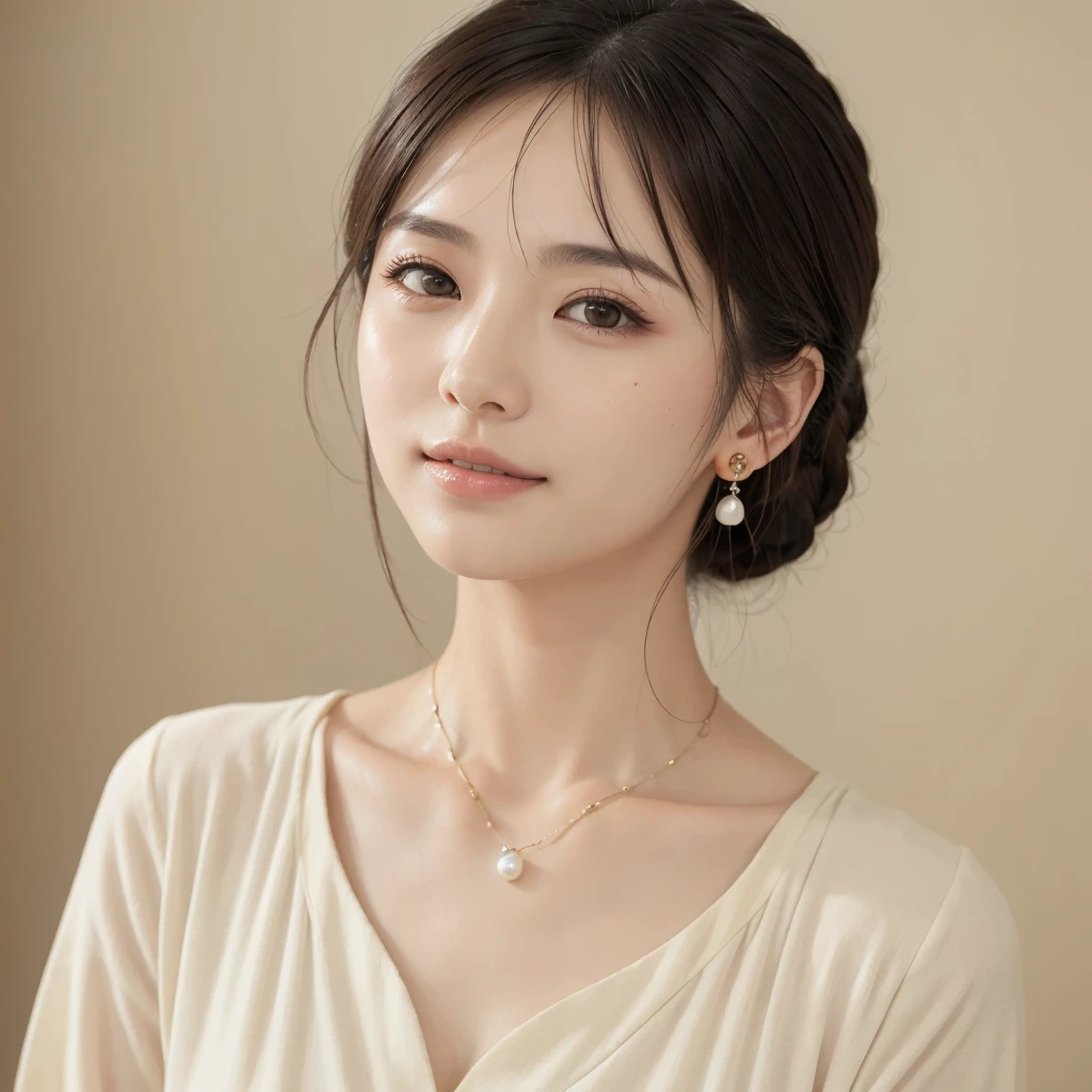 ((Highest quality、masterpiece:1.3))、Clear focus:1.2、(practical、practical:1.37)、Perfect beautiful woman、Highly detailed face and skin texture、Beautiful Eyes，double eyelid、A small smile、short hair、Small Bust、Small Necklace、White short sleeve shirt、Indoor sunlight and warmth，Accentuates the beauty of your facial lines and contours，Please lift your head a little.，Be confident，A Wise View，Simple Makeup，Plain background，Japanese and Korean women，Eyes facing forward to the left，Wearing one pearl earring