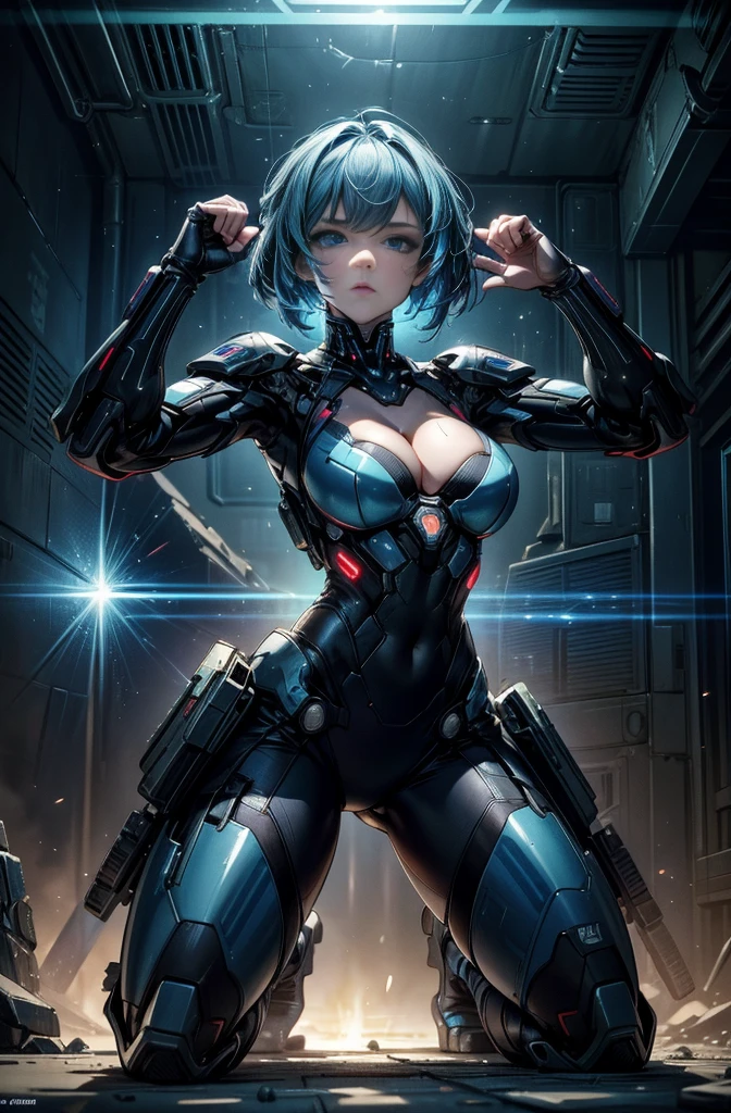 16K quality、Cinema Lighting,Highly detailed skin、Beautiful quality with attention to detail,High resolution、Perfect Anatomy,(cyber punk、Exchange、Dim color, Calm tone:1.3)Girl Soldier On The Battlefield,(Beautiful features down to the last detail.、blue eyes、Cleavage:1.3)Blue Hair、Sexy battle suit、with a gun in hand(Pose with one hand raised:1.2)desert garrison、spark、An explosion occurred from the ground,ghost in the Shell