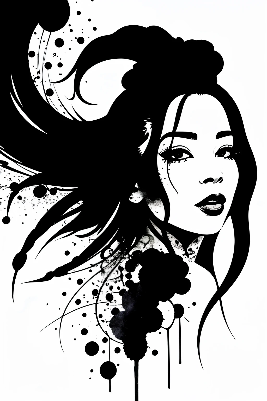 Monochrome, Ink Sketch, One person、 (Abstract ink splashes:1.2), White Background、reggae、woman、Black