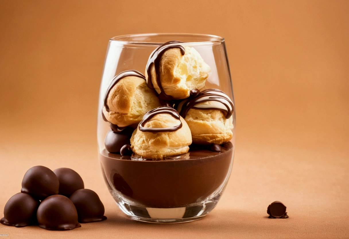 profiteroles in a glass in chocolate, elegant cream color background like in a commercial, everything in focus
