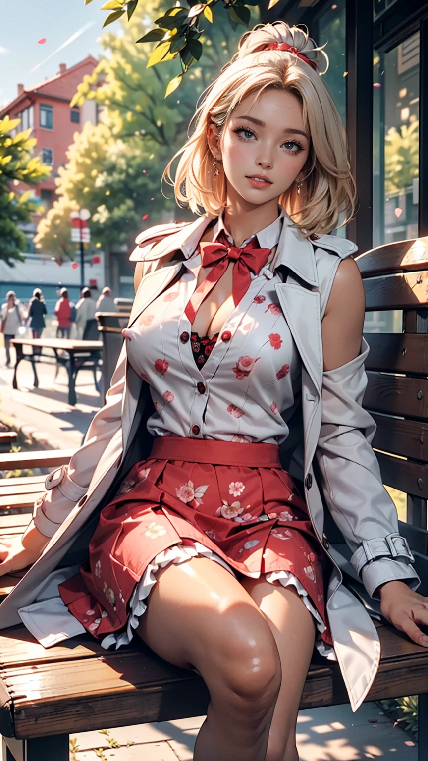 ((((masterpiece, Highest quality, High resolution)))), Extremely detailed 8K, スリムな体を持つsexyな美しい10代の新入社員, (Ultra HD, Very detailed, Very detailed, Very realistic, Ultra-realistic, Photo Real), (One girl:1.5), Blonde, Like a short bob cut, (Dynamic pose), To the camera, A light smile, (Huge breasts: 1.2), (Beautifully detailed face, Beautiful attention to detail), (White sleeveless frilly long coat, A flashy long-sleeved white frilled shirt,The chest buttons are not fastened,The shirt was wide open,Thin material,Grey frilled long skirt, Red emblem printed:1.5), (Pink nipples visible through shirt:1.2), Shine, Sweat, (Light of the sun, sunlight),sexyな長い脚, naked,Exposed breasts,sexy, blush,Looking up at the sky, Ultra-realisticな広大な風景, photogenic scenery,Sitting on a bench Outdoor Flower Park, Windy Day,Hair blowing in the wind
