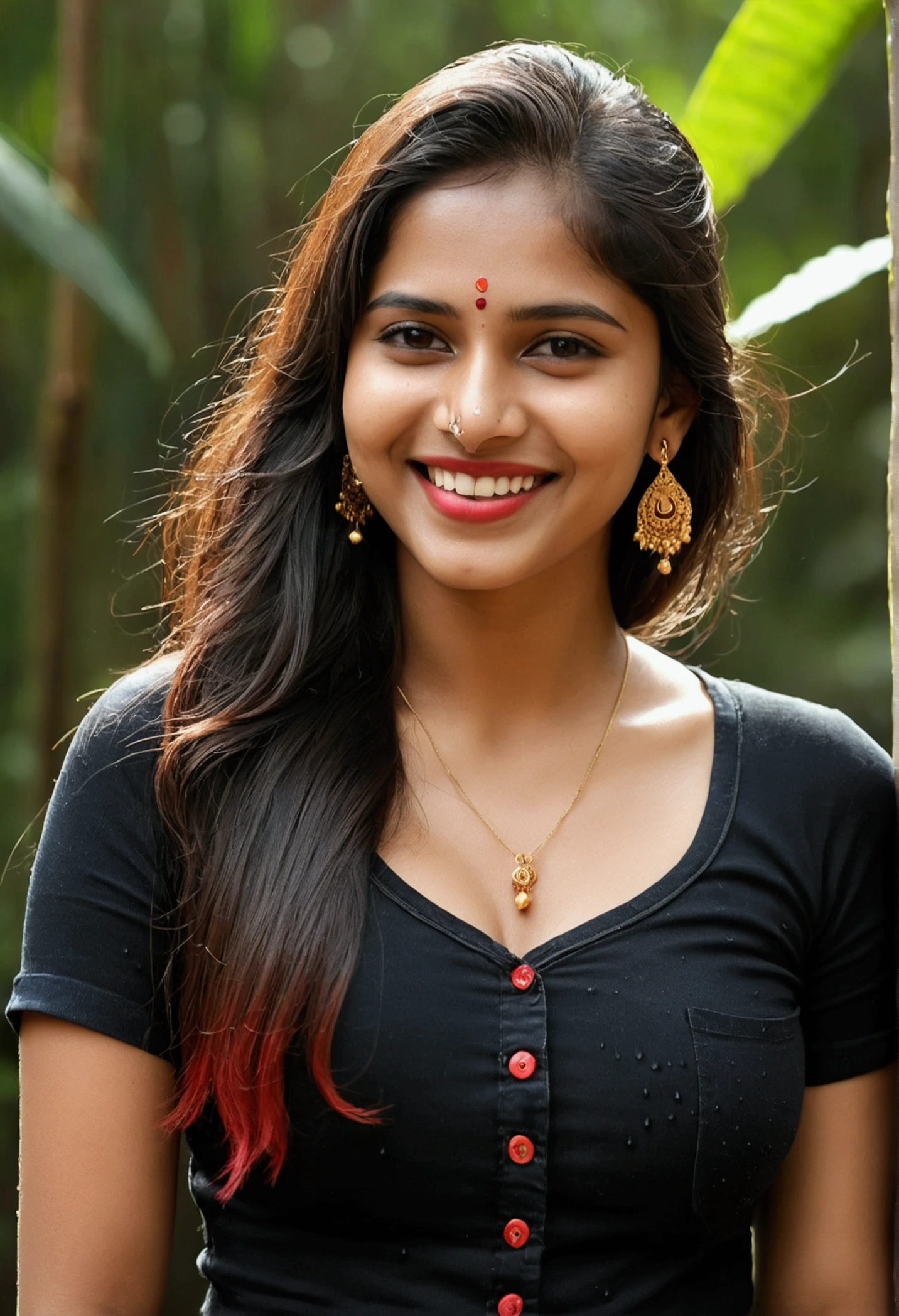 1girl, long hair, small red bindi on forehead, gold ear ring, medium breast, black top half sleeves, no cleavage, big lips, beautiful teeth, very light smile, blushing, detailed skin, pore, Indian, red jeans, jungle background, water drops on face, light shower, sunlight on face