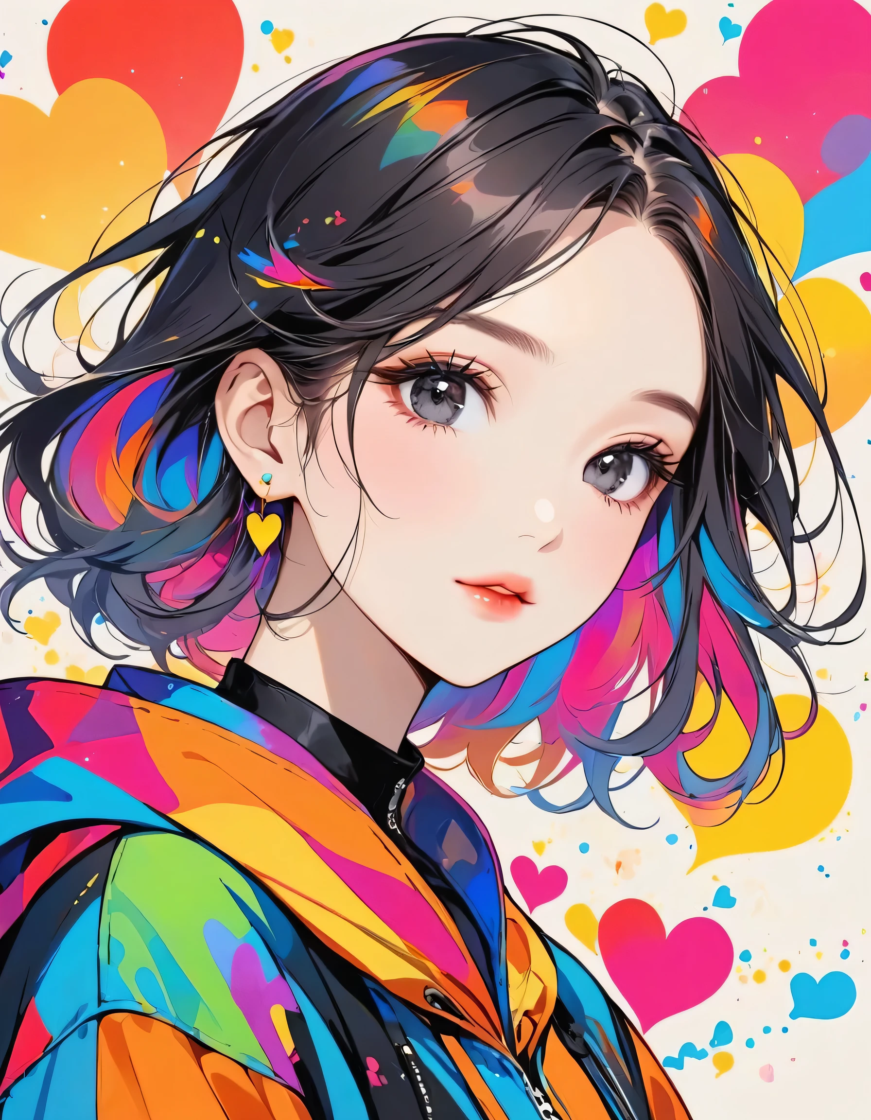 Mika Pikazo colorful style, Simple Line Initialism，Abstract art，Urban Background, (((The most beautiful girl of all time))), black eyes, Sweet face. Lips in love, colorful hearts, stylish design, black eyes