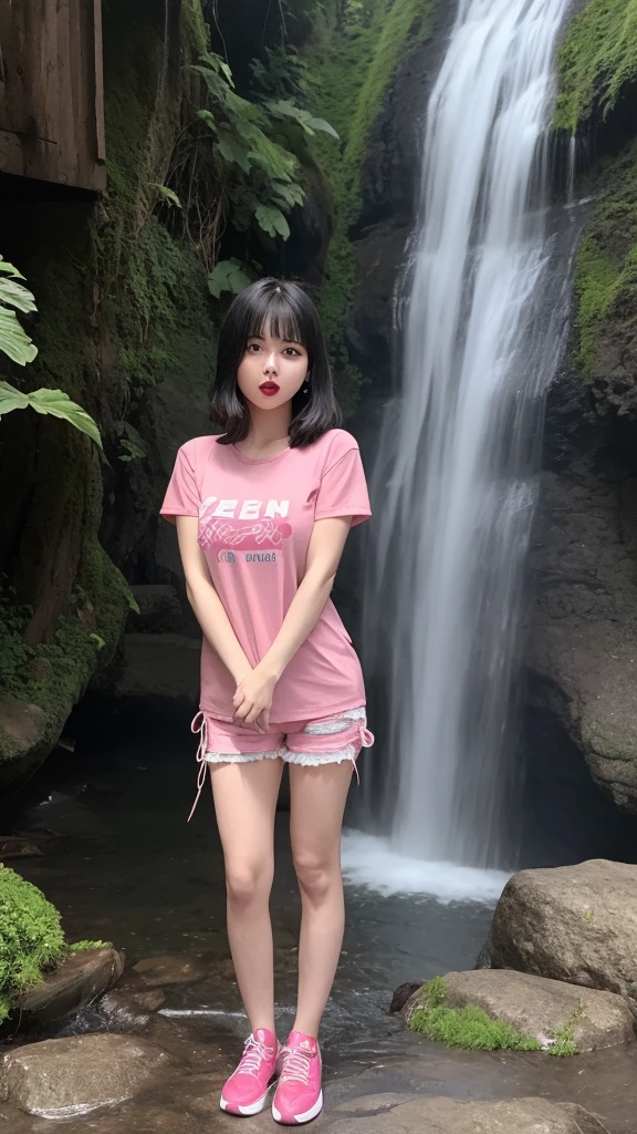 a very cute girl, solo, young, wearing good t-shirts and short pants,medium breast, standing, long hairs, red lips, at camp, realistic face, full body, blue shoes, background waterfall,black hair, pink asesoris