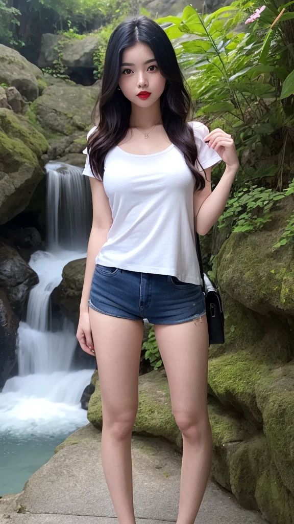 a very cute girl, solo, young, wearing good t-shirts and short pants,medium breast, standing, long hairs, red lips, at camp, realistic face, full body, blue shoes, background waterfall,black hair, pink asesoris 