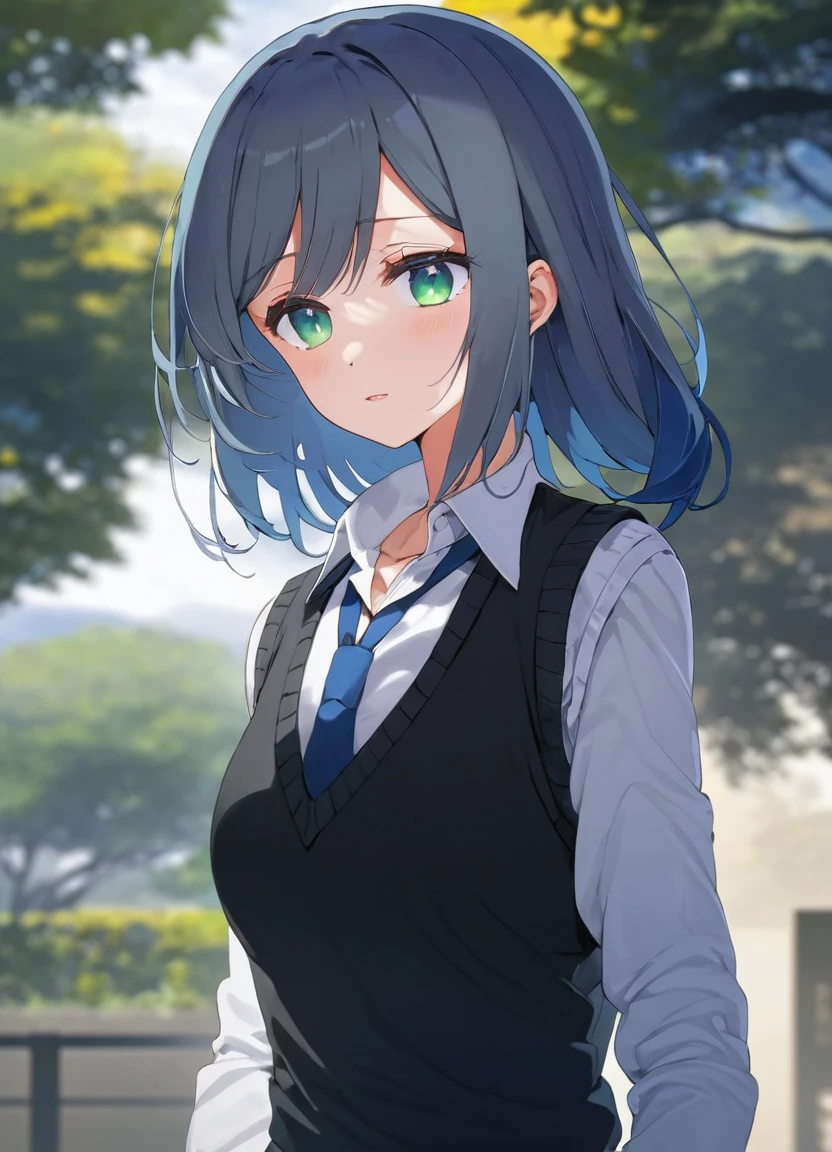 masterpiece, high quality, 8k, Beautiful lighting, One girl, alone, Green Eyes, Moderate_hair, White shirt, Sweater vest, Black vest, Blue tie, Grey Skirt, Outdoor, Cowboy Shot, View your viewers, anime, blue hair,Uterus, cross-section, multiple views pussy juice