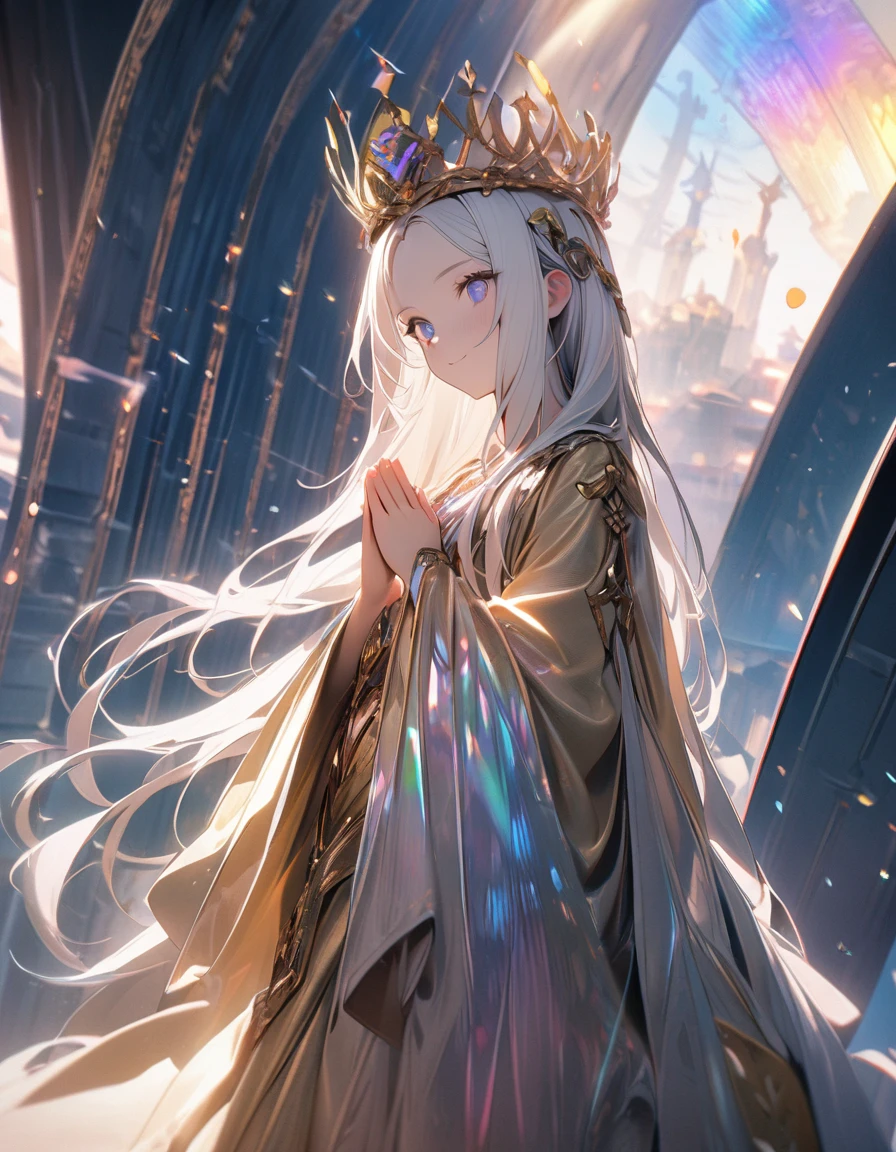 (8K, best quality, master piece: 1.2),super high resolution,1 girl is Aphrodite,18yo,solo,ultra-detailed face,detailed eyes,compassionate smile,white hair,long hair,arched crown ,(Aphrodite),Gold Dress,straight hair,(iridescent light:1.4),standing,praying hands,Sky Bridge,sense of depth