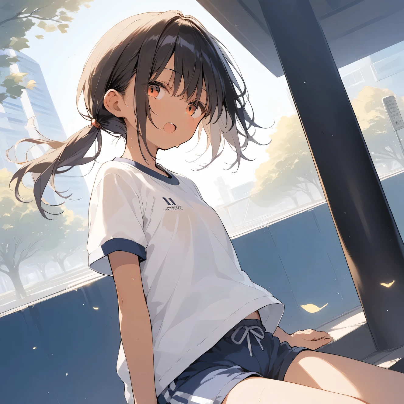 score_9, score_8_up, score_7_up, source_anime, best quality, masterpiece, official art, absurdres, highres, ultra-detailed,waifu2x,Collection: Slice of Life,break,1girl, tomboy, dark-skinned female, short hair, low ponytail, flat chest, beautiful detailed eyes, gym uniform, gym shorts, sweat, open mouth, (yawn:0.3), sleepily, outdoors, park, wind,break,(clear line illustration:1.2), super detailed skin,very high resolution, very aesthetic, Best sexual lighting powered by famous artist, 8k,cute picture,beauty illustration,photoshop_(medium),,(Detailed Lighting),best anime 8k konachan wallpaper, pixiv contest winner,