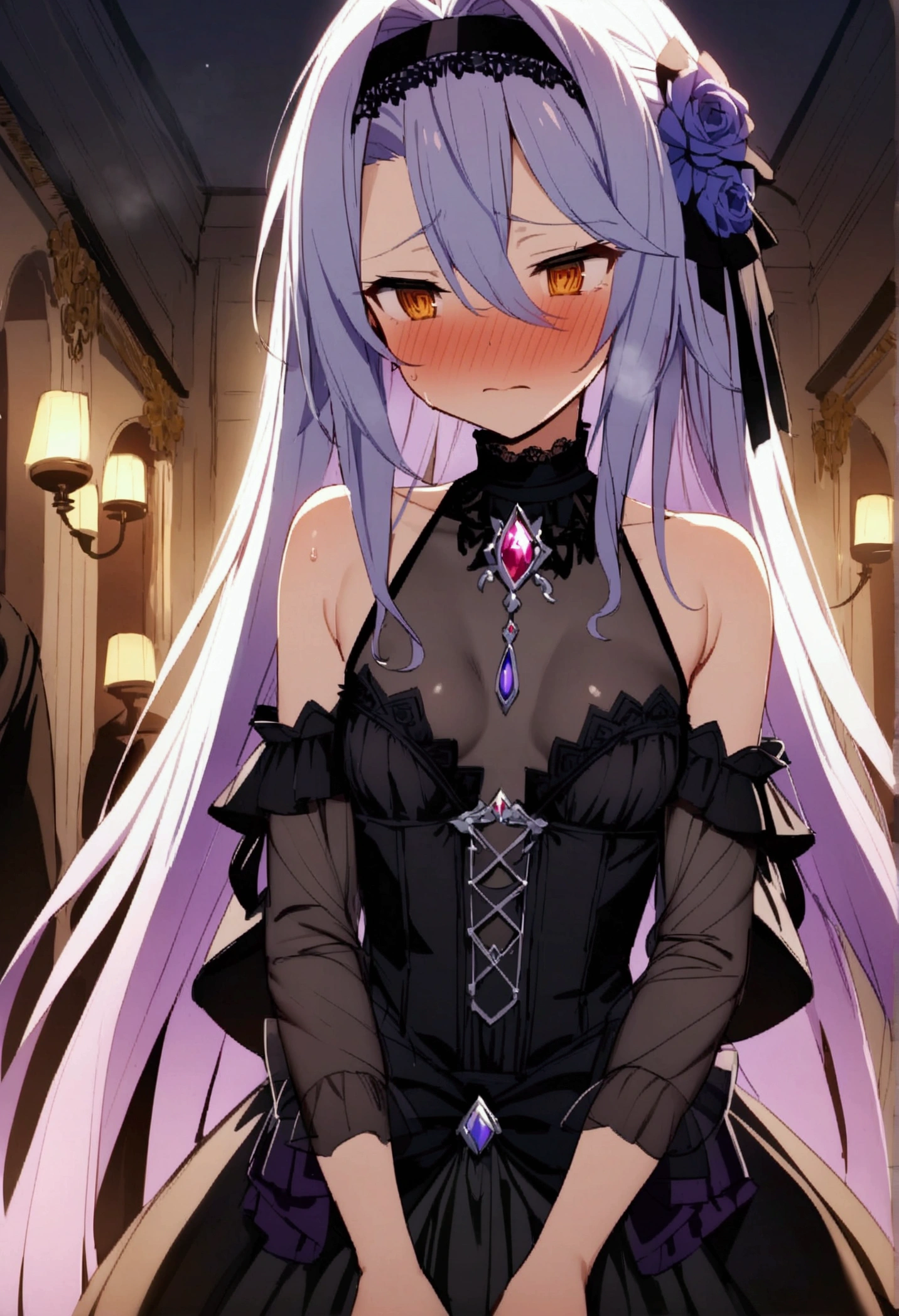 NSFW,masterpiece,Highest quality,High resolution,Very detailed,white\(no game No life\),Small breasts,(Gothic Lolita),See-through,Bare shoulders,hair band,flower,slave,Embarrassed,blush,Luxurious mansion,Party Venue,noble,(Middle-aged men),Lead,Being sexually harassed,Being molested