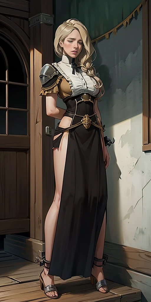 (​masterpiece, best quality), Intricate detailing, 1 girl, Mercedes von Martritz from Fire Emblem (Full body standing posture from toes to head on a wooden pole:1.2) iron collar, Arms behind the back, Iron cuffs, fetters, tied, Bondage-Outfit, Dishes, O-Ring, Bondage-Outfit blindfolded cover eyes, happy red cheeks, chain leash collar choker neck bell fetters wristbands bracers bracelets, split gag, Sad face, red cheeks, Crying tears, PAINFUL (She was sold and betrayed by her own family)