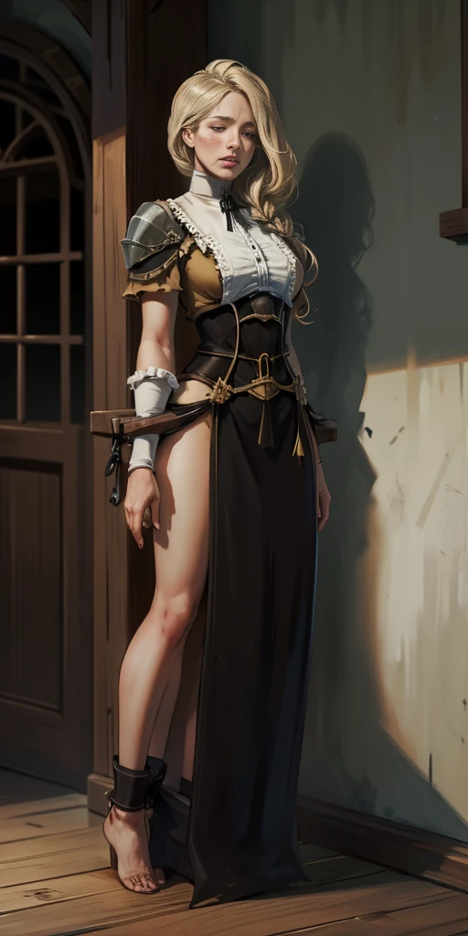 (​masterpiece, best quality), Intricate detailing, 1 girl, Mercedes von Martritz from Fire Emblem (Full body standing posture from toes to head on a wooden pole:1.2) iron collar, Arms behind the back, Iron cuffs, fetters, tied, Bondage-Outfit, Dishes, O-Ring, Bondage-Outfit blindfolded cover eyes, happy red cheeks, chain leash collar choker neck bell fetters wristbands bracers bracelets, split gag, Sad face, red cheeks, Crying tears, PAINFUL (She was sold and betrayed by her own family)