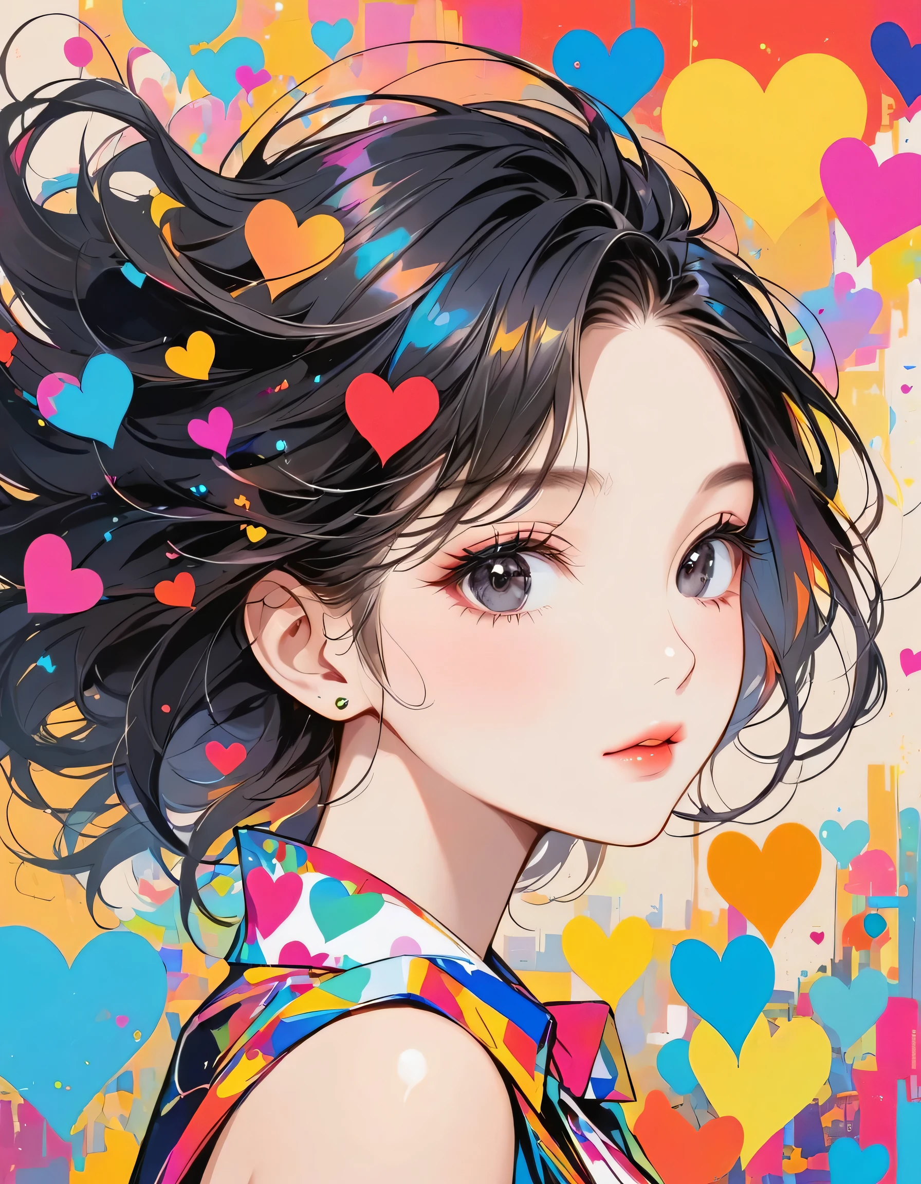 Mika Pikazo colorful style, Simple Line Initialism,Abstract art,Urban Background, (((The most beautiful girl of all time))), black eyes, Sweet face. Lips in love, colorful hearts, stylish design, black eyes