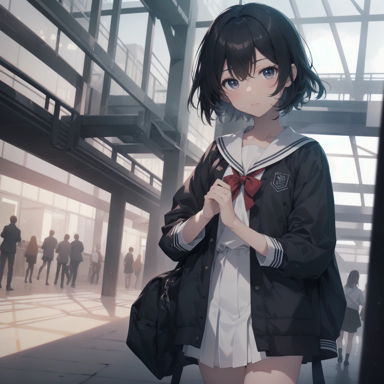 ultra-absurdres-Top quality by artist God, ultra-detailed, high resolution, anime moe artstyle, best anime 8k konachan wallpaper, pixiv contest winner, pool:2810, perfect anatomy,break, 1girl, (Please draw a girl walking sleepily to school alone. )break,(Solo,little female, 13-year-old:1.3),Full limbs, complete fingers,a junior high school student, (very short hair), short cut, flat chest, , small butt, small black eyes, beautiful detailed eyes, well-proportioned iris and pupils, expressive eyes, highres detailed hair, soft expression, salor school_uniform, sailor collar, serahuku, bow, pleated skirt,(Detailed Lighting), (Detailed background), in the School commute route. break,super detailed skin, Best cinematic lighting powered by famous artist, 8k,beauty illustration,photoshop_(medium),very aesthetic,break,((artist:kotorai )), artist:clamp ,artist:carnelian ,artist:kantoku ,