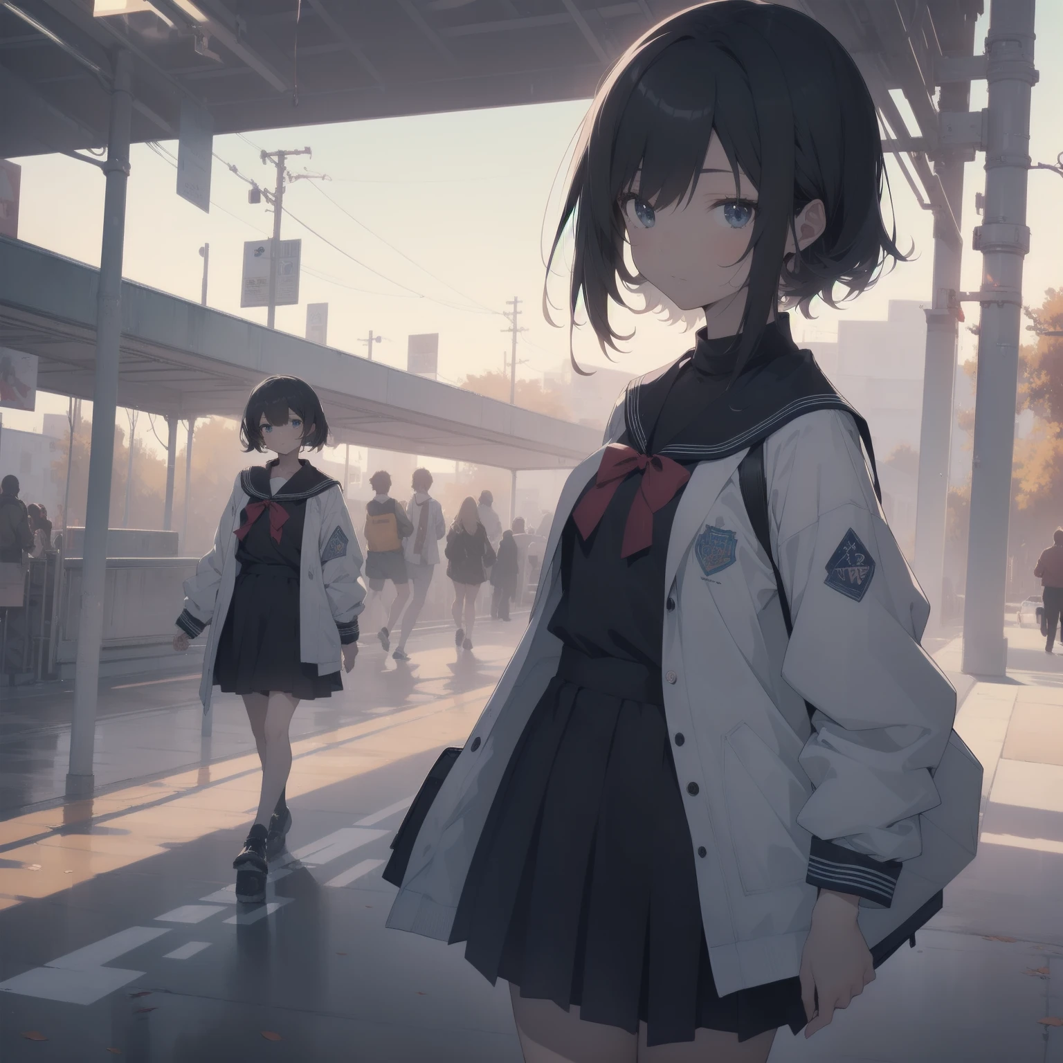 ultra-absurdres-Top quality by artist God, ultra-detailed, high resolution, anime moe artstyle, best anime 8k konachan wallpaper, pixiv contest winner, pool:2810, perfect ???????,break, 1girl, (Please draw a girl walking sleepily to school alone. )break,(Solo,little female, 13-year-old:1.3),Full limbs, complete fingers,a junior high school student, (very short hair), short cut, flat chest, , small butt, small black eyes, beautiful detailed eyes, well-proportioned iris and pupils, expressive eyes, highres detailed hair, soft expression, salor school_uniform, sailor collar, serahuku, bow, pleated skirt,(Detailed Lighting), (Detailed background), in the School commute route. break,super detailed skin, Best cinematic lighting powered by famous artist, 8k,beauty illustration,photoshop_(medium),very aesthetic,break,((artist:kotorai )), artist:clamp ,artist:carnelian ,artist:kantoku ,
