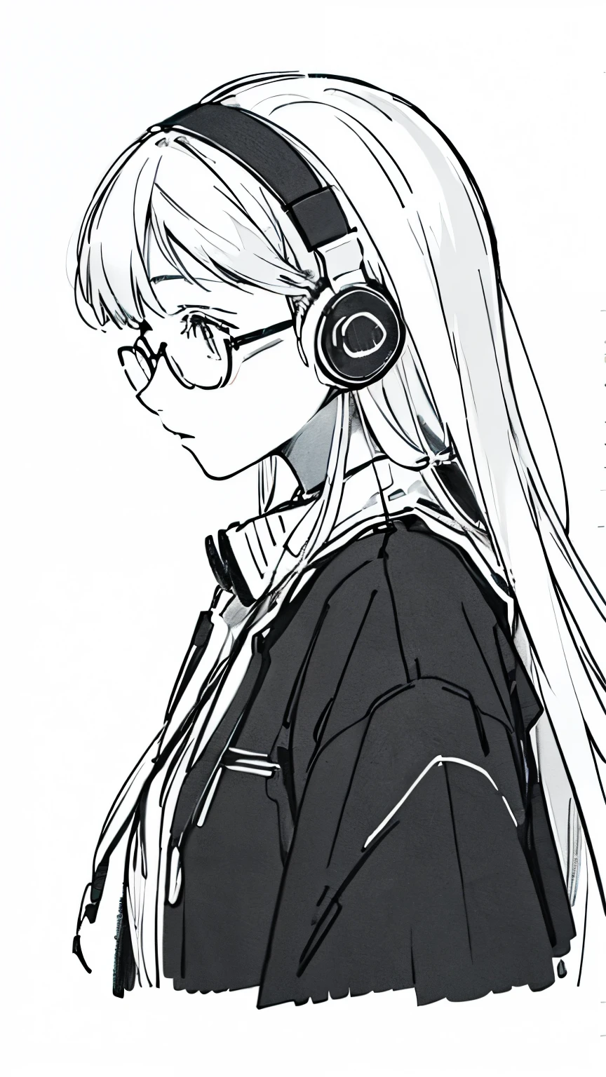 ((Highest quality)), ((masterpiece)), (detailed)One Girl, profile,Long Hair,Gray Hair,Black-rimmed glasses,Line art,Black and white illustration,Illustration for icons,2d,Headphones are hanging around your neck,