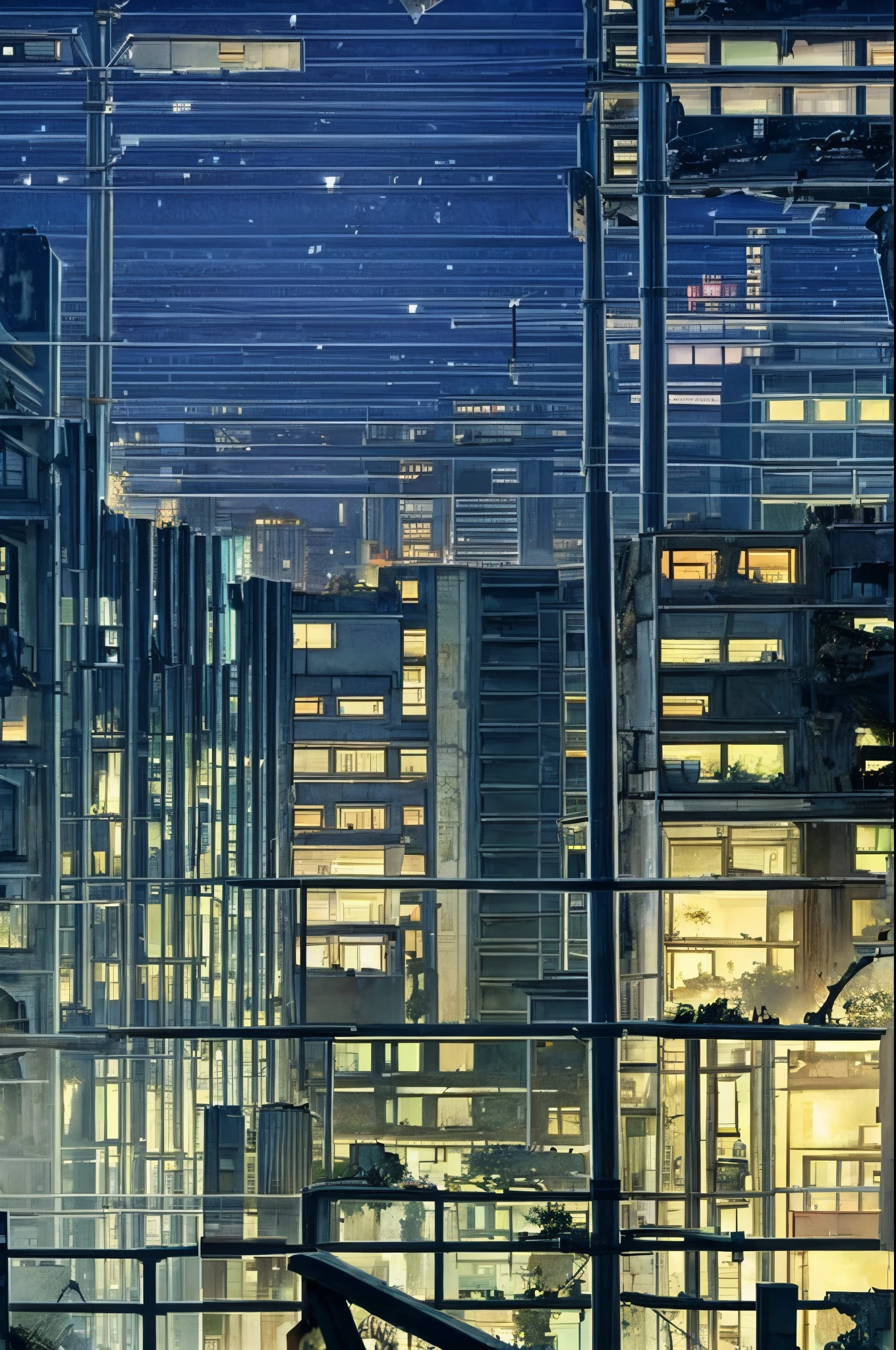 Night Scenery、 in a dark and Destroyed city, With a touch of lighting, Anime scenery, Decayed City, poorly lit, walking in the city, Destroyed city