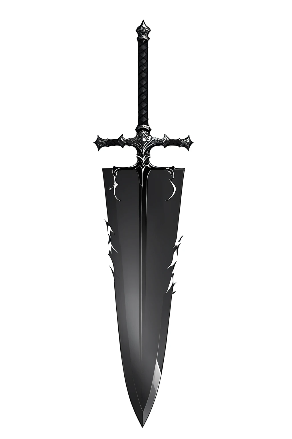 there is a black and white picture of a sword with a black handle, sword design, armored sword blade, black iron sword, medieval sword, an evil sword, jagged sword, large sword, basic steel sword, grudge sword, horror design