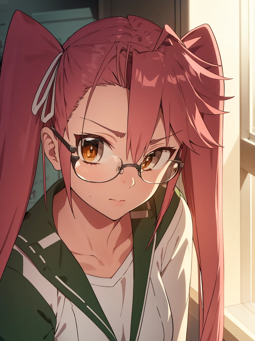 1girl,sayatakagi, saya takagi, long hair, ribbon, twintails, (brown eyes:1.5), hair ribbon, pink hair, glasses,
BREAK wearing White_kimono,
BREAK looking at viewer,standing, leaning forward, arms behind back,
BREAK indoors, classroom,
BREAK (masterpiece:1.2), best quality, high resolution, unity 8k wallpaper, (illustration:0.8), (beautiful detailed eyes:1.6), extremely detailed face, perfect lighting, extremely detailed CG, (perfect hands, perfect anatomy),