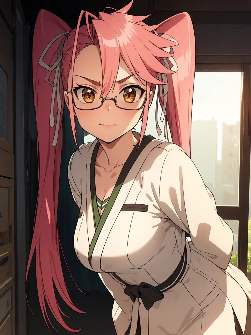 1girl,sayatakagi, saya takagi, long hair, ribbon, twintails, (brown eyes:1.5), hair ribbon, pink hair, glasses,
BREAK wearing White_kimono,
BREAK looking at viewer,standing, leaning forward, arms behind back,
BREAK indoors, classroom,
BREAK (masterpiece:1.2), best quality, high resolution, unity 8k wallpaper, (illustration:0.8), (beautiful detailed eyes:1.6), extremely detailed face, perfect lighting, extremely detailed CG, (perfect hands, perfect anatomy),