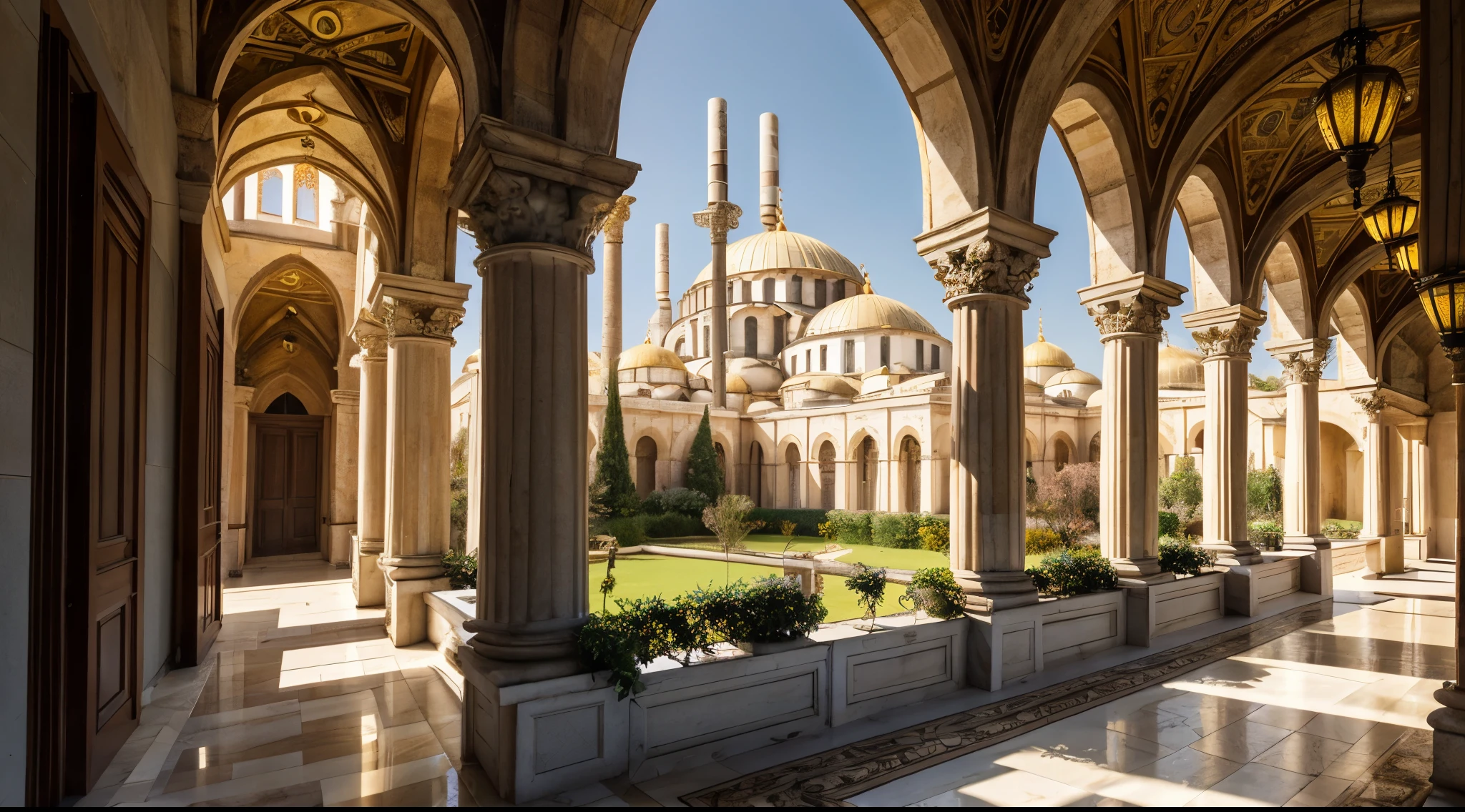 scenic view, grandeur of the byzantine emperor palace, in Constantinople, golden hues, the majestic saint sophia cathedral, bathed in the early light, the palace gardens unfurl in verdant splendor, outdoor corridor, loggia, intricate mosaics adorning the opulent halls,