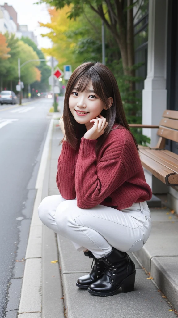Photos taken by a professional photographer,Laughter:1.5,Close-up of a woman squatting on the sidewalk, Wear a sweater, Brown Shortcut, My hair is messy,Young and pretty girl, Wearing a super super super super super super mini skirt:1.5,Wear stylish boots,sitting on a park bench:1.5,Flashy makeup using red eyeshadow,I can see your beautiful thighs,I see your white pants,