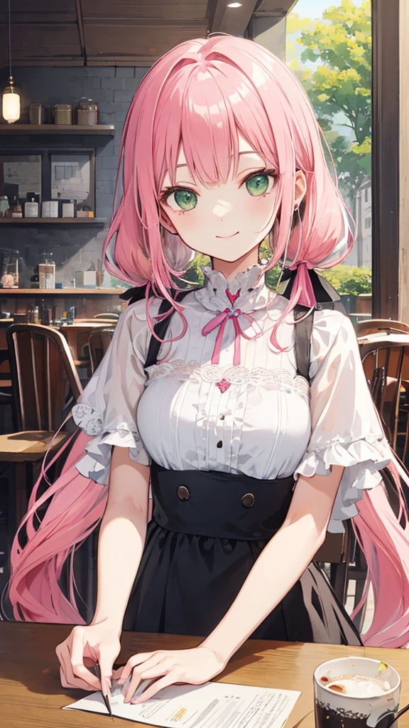 With a girl,Jewel Eyes,Beautiful arrangements and motifs、Slight、Game character design、Written boundary depth , wonderful, beauty、Transparency、Game character design、(One Girl:1.0)、Pink Hair、Twin tails、Straight Hair、cute、Upper Body、Green Eyes、Inside the cafe、Cafe Background、Sit on a chair、Mass-produced fashion,White and pink attire、front、smile、Pink ribbon