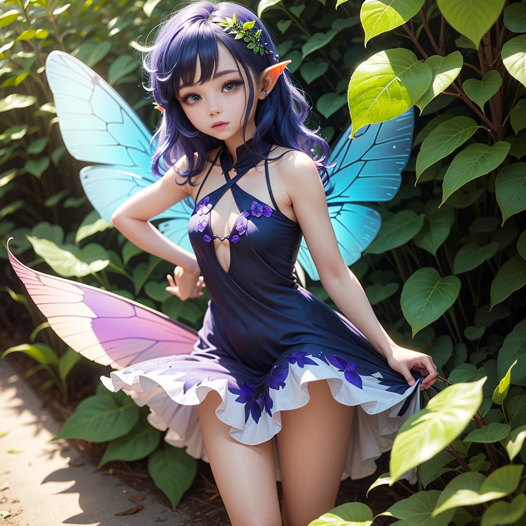 Cute  fairy, , blue-purple sparkling hair, sparkling, pointed ears, sunlight, dress made of leaves, transparent wings, beautiful blue butterfly, big flower, leaves