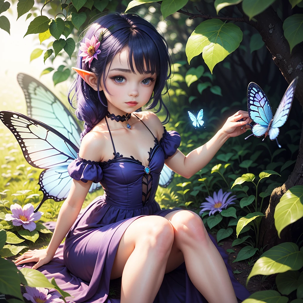 Cute little fairy, , blue-purple sparkling hair, sparkling, pointed ears, sunlight, dress made of leaves, transparent wings, beautiful blue butterfly, big flower, leaves